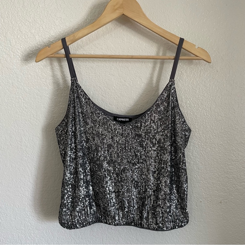 Express Sequin Silver Camisole Tank Top Shimmering Glittering Spaghetti Straps